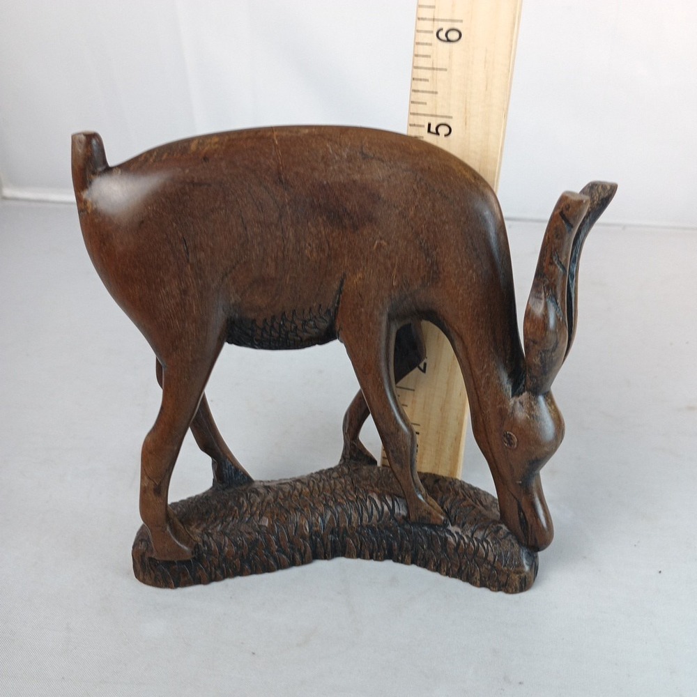 Hand Carved Grazing Antelope Oryx Gazelle Brown Sculpture Statue Hard Wood 5" - Picture 3 of 12
